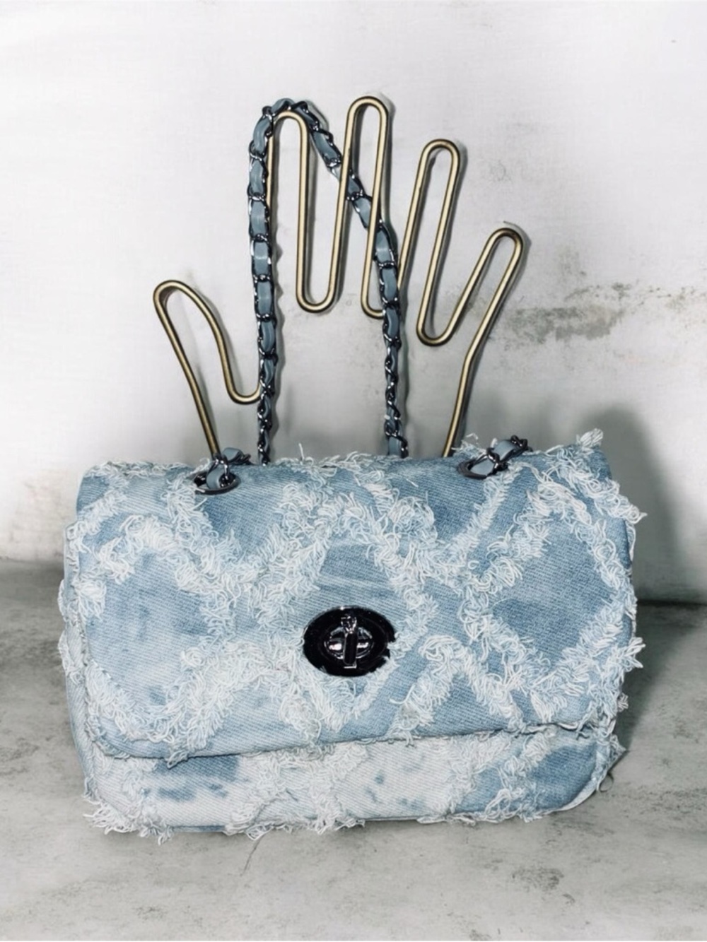 Frayed Light Blue Denim Crossbody Bag with Turn-Lock - Picture 2 of 6